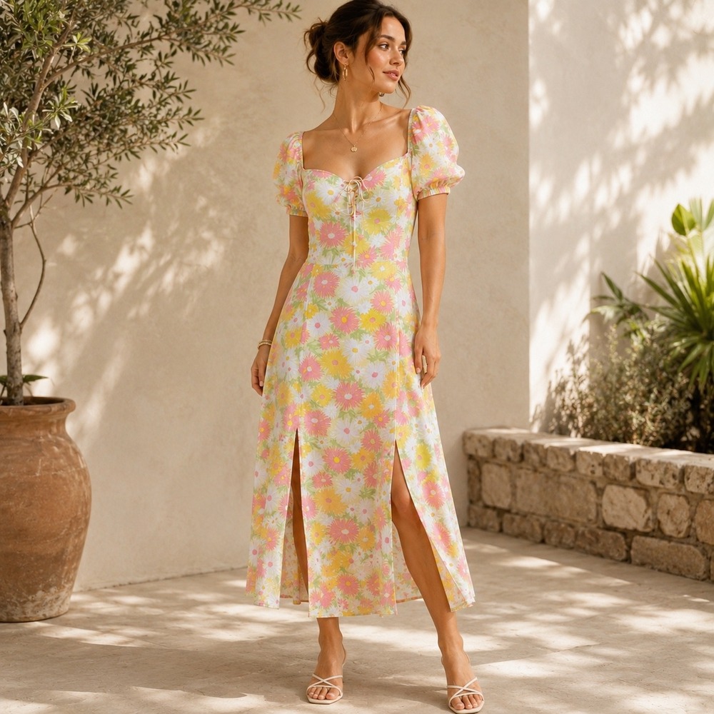 Miss Selfridge Floral Midi Dress Size 10 Cottagecore Puff Sleeve Fairy Garden